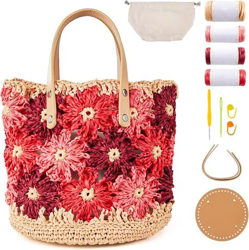 Noocro Crochet Kit for Intermediate or Advanced Level, Floral Raffia Bucket Bag, Step by Step Video Tutorial, Detailed Instruction Complete Kit Craft Supplies Holiday Gift (Mocha Blossom) in Saudi Arabia