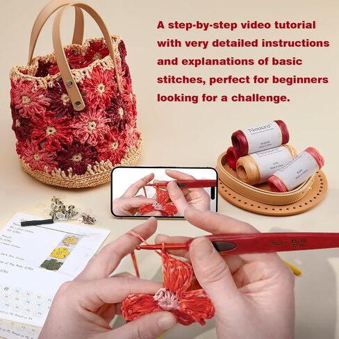 Noocro Crochet Kit for Intermediate or Advanced Level, Floral Raffia Bucket Bag, Step by Step Video Tutorial, Detailed Instruction Complete Kit Craft Supplies Holiday Gift (Mocha Blossom) in Saudi Arabia