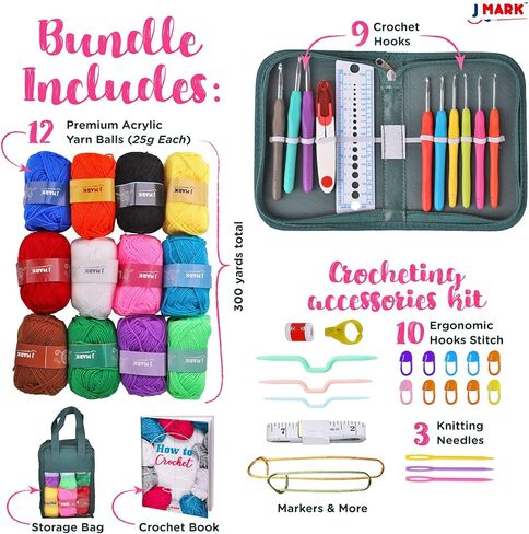 J MARK Crochet Kit for Beginners – Complete Crocheting Set with Acrylic Yarn and Accessories in Kuwait