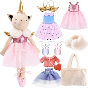 Ballerina Unicorn Doll Stuffed Animal Toys for Girls - Plush Bag | 3 Set Cloth Accessories | Ballet Shoes, Kids Pretend Play Doll Pet Care, Christmas Birthday Gift for 3 4 5 6 Year Old Girls