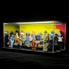 Minifigure Display Case with LED Lights - Clear Dustproof Acrylic Display Box Storage - Removable and Freely Assembled Brick Base (Clear Acrylic)