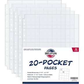 50ct 20-Pocket Coin Pages - Coin Pocket Pages for 2 x 2 Inch Cardboard Coin Holders, 11 Holes for Coin Binder, Coin Collecting Album Protectors, Coin Collection Storage