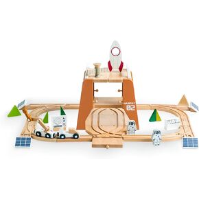 Wooden Space Train Set, Space Adventure Mars Station Wood Train Track Set 39pcs, Mar Space Explore Base Station Train Toy with Astronaut and Rocket for Kids 36m+