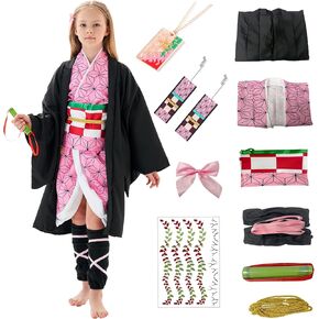 Women Kimono Costume Girls Kamado Cosplay Costumes Cloak Outfits Set Halloween Pink Uniform with Accessories