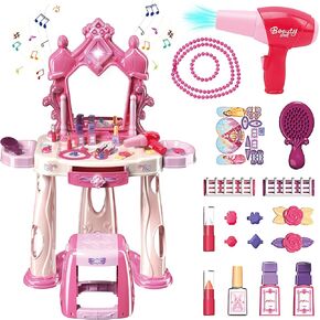 Pretend Play Girls Makeup Table Set with Stool，Open Doors by Gestures，Kids Vanity Set with Lights and Music，Toddler Beauty Salon Set with Makeup Accessories & Hair Dryer，Toy for Toddlers 2-5 Years Old