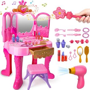 Toddler Vanity Magic Makeup Set Table and Chair Girl Toy Automatically Mirror with Music Light Pink Girl Toys 2 3 4 5 Year Old Hair Salon Pretend Play Princess Dress Up Playset Easter Gift Toddler 1-3