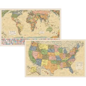 2 Pack - Laminated World Map Poster & USA Map Set - Equal Earth world map design shows continents at true relative size - US Map 18" x 29" [Light Blue]