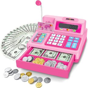 Pretend Play Calculator Cash Register Toy Gift for Kids Age 3, 4, 5, 6, 7, 8+ Year Old, 73 Pcs Grocery Store Playset with Microphone, Credit Card, Pink Play Cash Register for Toddlers Kids 4-8