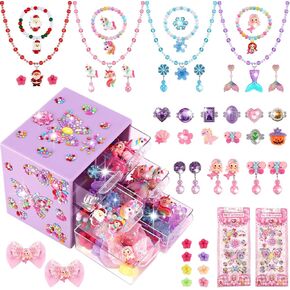 Kids Toys for Ages 5-7 Girls Jewelry,33pcs Toddler Toys Arts and Crafts DIY Clip on Earrings,Princess Toys Adjustable Ring,Girls Toys for 3 4 5 6 7 8-10 Year Old Birthday Christmas Gifts