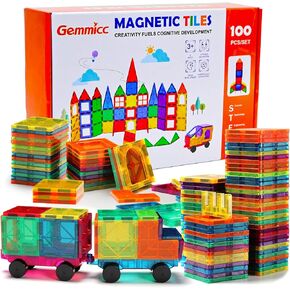 Gemmicc Magnetic Tiles 100 PCS with 2 Cars, STEM Approved Educational Magnet BuildingToys, Magnet Puzzles Stacking Blocks for Boys Girls
