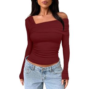 Darong Women's One Off Shoulder Long Sleeve Top Ruched Going Out Tops Slim Fit Y2K Shirt Crop Top
