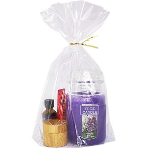 Wowfit 50 CT 12x16 inches Clear Bottom Gusset Cellophane Gift Bags with 6" Gold Twist Ties, Cello Packaging for Party Favors, Baby Showers, and Wedding Gift Wrapping