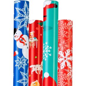 Christmas Wrapping Paper (4 Rolls: 93 sq. ft. ttl) Funny Snowmen, Snowflake, Dogs, Christmas Trees and Santa Claus with Gifts - Christmas Elements Collection - 17 inches x 16.5 feet Per Roll