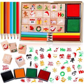 Konsait 34pcs Wooden Christmas Stamps with Ink Pad Colored Pencil, Holiday Wood Rubber Stamp Cavalli Mini Stamp Images with Drawing Colouring Pencil Art Supplies Set for Greeting Cards Scrapbooks