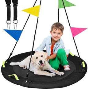 48 inch Tree Swing, Larger Saucer Flying Swing for Whole Family, 900lbs Weight Capacity, with Adjustable Hanging Straps, for Outdoor Backyard, Gifts for Kids, Black