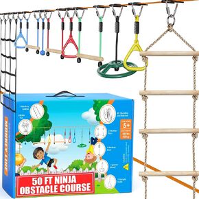 Ninja Warrior Obstacle Course for Kids, 2x50 ft Slackline, 10 Weatherproof Obstacles, Up to 880 lbs, Ages 5-12, Includes Ratchet-Tight Technology, Monkey Net, Climbing, Swinging, Outdoor Backyard Fun