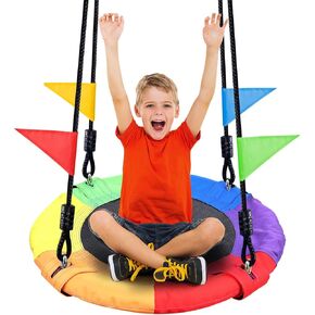 Odoland 24 inch Kids Tree Swing, Outdoor Small Saucer Swing - 900D Oxford Platform Swing - Backyard Round Flying Swing with Hanging Ropes, Straps and Turnbuckle