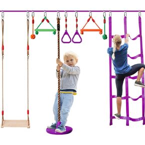 Ninja Warrior Obstacle Course for Kids-Slackline 52ft with 9 Accessries,Awing Seat,Climbing Net,Monkey Bar -Obstacle Course Outdoor-Playset Equipment for Girls & Boys
