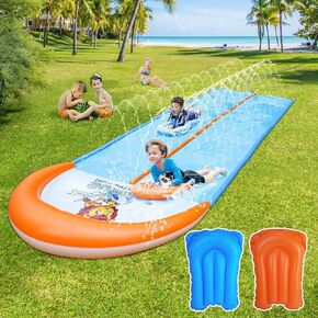 Slip Water and Slide, 15ft Extra Long Lawn Water Slides for Kids Adults, Double Lanes Racing Backyard Summer Sprinkler and Splash Water Toy, XL Slip Waterslide with 2 Inflatable Bodyboards Garden Toy