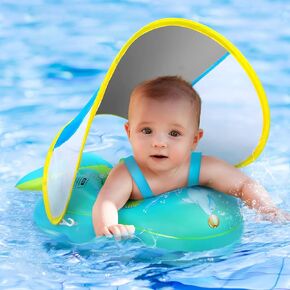 No Flip Over Baby Pool Float with Canopy UPF50+ Sun Protection, Inflatable Baby Float with Sponge Safety Support Bottom, Fun Gifts Water Toys Accessories Baby Swim Floats for Pool 3-36 Months