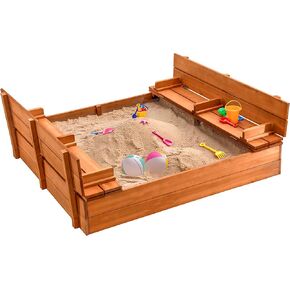 Large Wooden Kids Sandbox with Lid – Outdoor Sand Box for Kids with Cover Sand Protection, Foldable Bench Seats and Bottom Liner