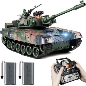 1:18 RC Tank, 2.4Ghz RUS T-90 Remote Control Tank Model Toys, Battle Army Tank 15 Channel with Smoke, Light Sound, Volume Switch, Military Toy for Adults and Kids That Shoots BBS, Water Bombs