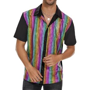 Mens Button Down Disco Shirt Outfit Men Retro 70s Shirts for Men Sequin Metallic Short Sleeve Disco Outfits Party Costume Top