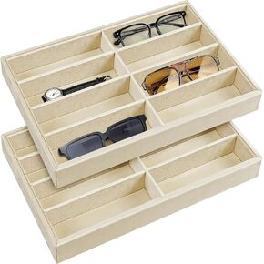 2PCS Sunglass Organizer Trays, Glasses Tray Stackable Jewelry Organizer Trays, 8 Grids Sunglass Display Organizer Sunglass Display Box (Beige)