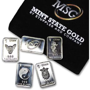 Ten (10) One Gram .999 Pure Silver Bars with Random Designs in a Jewelry Pouch by Mint State Gold