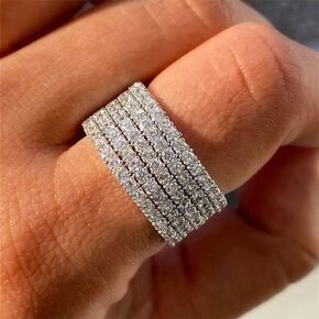 14K White Gold Luxury Full Rhinestone Studded Zirconia Diamonds Engagement Ring Multi-Row Ring in Sterling Silver Wedding Band Rhinestone Rings Size 10