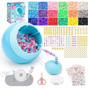 Tilhumt Electric Bead Spinner with Positioning Mat, Clay Bead Spinner for Jewelry Making and Friendship Bracelets Making, Including Needles, Elastic String and Cartoon Stickers, Gift for Girls