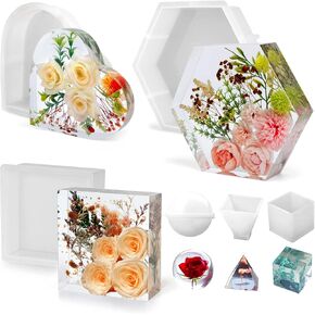 Resin Molds Silicone,Epoxy Resin Casting Craft Mold for Flower Preservation Bookends DIY Art (Large, Hexagon+Heart+Square)