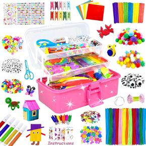 3000 Arts and Crafts Supplies for Kids Craft Kit All in 3 Layered Craft Box with Pipe Cleaners Crafts for Kids Age 4-6, 6-8, 8-12 DIY School Supplies Materials Set Toys Gifts for Girls Boys, Pink
