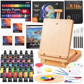 65 Pack Acrylic Paint Set, Shuttle Art Acrylic Painting Set with Wooden Easel, 30 Colors Acrylic Paint, Painting Canvas, Paint Brushes, Palettes, Art Painting Supplies for Kids Adults Beginner Artists
