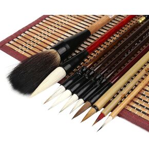 10Pcs Chinese Calligraphy Brushes Set, Painting Writing Brush, Kanji Japanese Sumi Drawing Brushes with Roll-up Bamboo Brush Holder,Watercolor Art Brushes for Beginners
