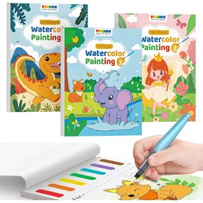 TECJOE 3 Pack Paint with Water Coloring Books for Toddlers, Watercolor Paint Set with 6 Brushes, Painting Activity for Kids Ages 4 5 6 7 8, Christmas Gift Arts & Crafts Toy, Princess, Forest & Sea