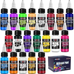 FansArriche Airbrush Paint Set, 34 Colors Acrylic Air Brush Paint Kit with 2 Thinner, Ready to Spray Water-Based Opaque & Neon Colors for Beginners, Artists, DIY Projects, 20 ml/Bottle