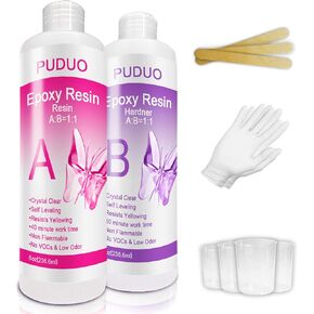Epoxy Resin Crystal Clear Kit for Art, Jewelry, Crafts, Coating- 16 OZ Including 8OZ Resin and 8OZ Hardener | Bonus 4 pcs Measuring Cups, 3pcs Sticks, 1 Pair Rubber Gloves by Puduo