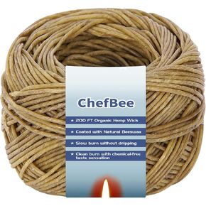 فتيل قنب عضوي بطول 200 قدم من CHEFBEE، فتيل قنب شمع العسل الطبيعي مطلي جيدًا لفتيل القنب أو صنع الشموع، حرق بطيء، بدون تقطر، حجم قياسي (1.1 مم)