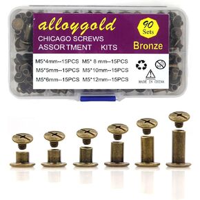 90 Sets Bronze Chicago Screws Leather Assorted Kit ，6 Sizes of Screw Rivets for Leather Rivet for DIY Leather Craft and Bookbinding (M5 X 4, 5, 6, 8, 10, 12)