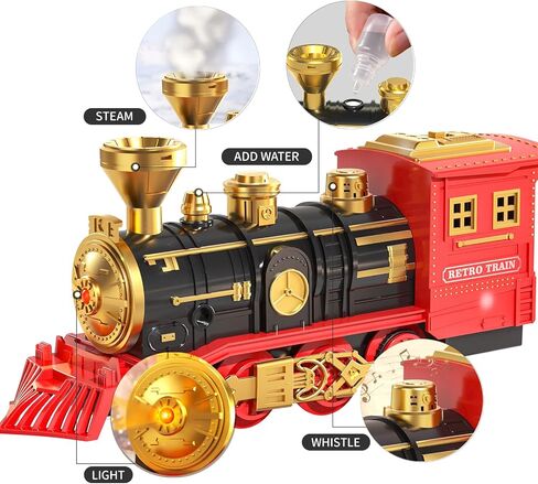 TEMI Train Set for Kids Toddlers 3-5, Train with Steam Engine, Cargo Car and Long Track, Rechargeable Battery Play Red Train Toys with Smoke, Light & Sounds, Gift for Boys & Girls 4-7 Years in Kuwait