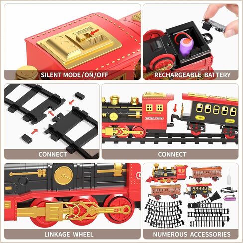 TEMI Train Set for Kids Toddlers 3-5, Train with Steam Engine, Cargo Car and Long Track, Rechargeable Battery Play Red Train Toys with Smoke, Light & Sounds, Gift for Boys & Girls 4-7 Years in Kuwait