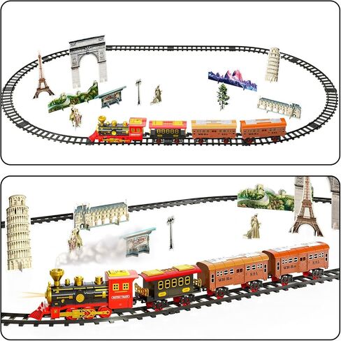 TEMI Train Set for Kids Toddlers 3-5, Train with Steam Engine, Cargo Car and Long Track, Rechargeable Battery Play Red Train Toys with Smoke, Light & Sounds, Gift for Boys & Girls 4-7 Years in Kuwait