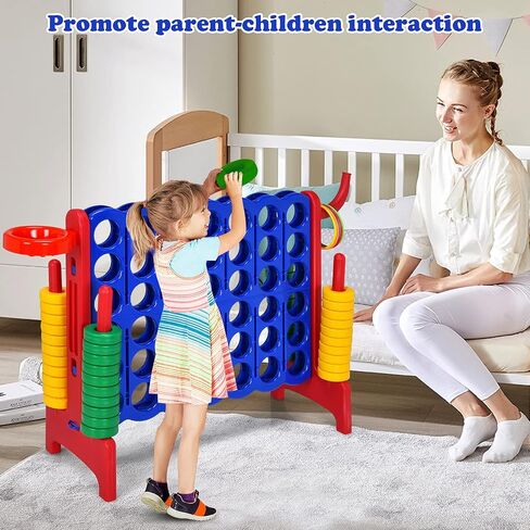 Costzon Giant 4-in-A-Row, Jumbo 4-to-Score Giant Game w/Basketball Hoop, Ring Toss, Quick-Release Slider, 42 Jumbo Rings, Indoor Outdoor Family Connect Game for Kids & Adults, Backyard Games, Red in Kuwait
