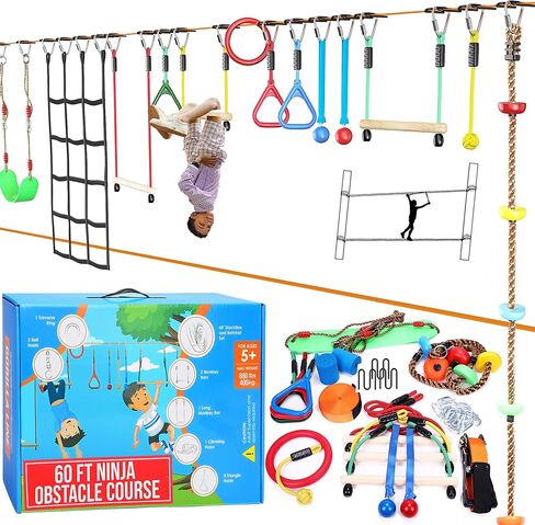 Ninja Warrior Obstacle Course for Kids – 2 x 60 ft, 880 lbs Capacity, 13 Weatherproof Obstacles, Bottom Line, Traverse Rings, Monkey Net – Easy Setup on Trees or Posts for Outdoor Fun in Saudi Arabia