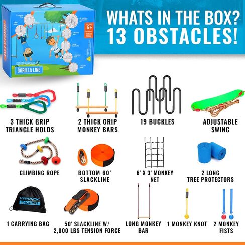 Ninja Warrior Obstacle Course for Kids – 2 x 60 ft, 880 lbs Capacity, 13 Weatherproof Obstacles, Bottom Line, Traverse Rings, Monkey Net – Easy Setup on Trees or Posts for Outdoor Fun in Saudi Arabia