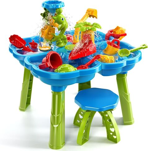 TEMI 3-in-1 Sand Water Table, 28PCS Kids Beach Summer Toys Sensory Play Table with Dolphin Water Wheel, Molds, Bucket, Shovel for Toddlers Boys Girls in Saudi Arabia