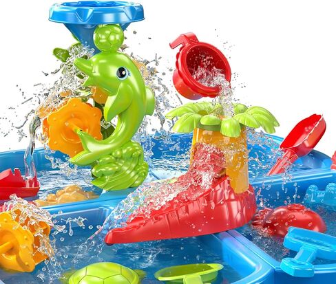 TEMI 3-in-1 Sand Water Table, 28PCS Kids Beach Summer Toys Sensory Play Table with Dolphin Water Wheel, Molds, Bucket, Shovel for Toddlers Boys Girls in Saudi Arabia