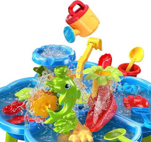 TEMI 3-in-1 Sand Water Table, 28PCS Kids Beach Summer Toys Sensory Play Table with Dolphin Water Wheel, Molds, Bucket, Shovel for Toddlers Boys Girls in Saudi Arabia