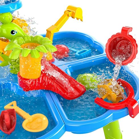TEMI 3-in-1 Sand Water Table, 28PCS Kids Beach Summer Toys Sensory Play Table with Dolphin Water Wheel, Molds, Bucket, Shovel for Toddlers Boys Girls in Saudi Arabia